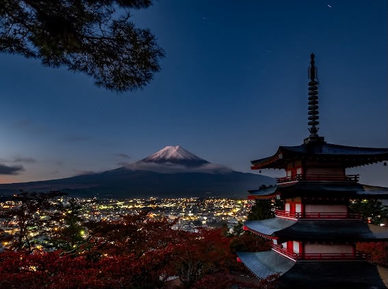 Fuji & Pagoda at Night
